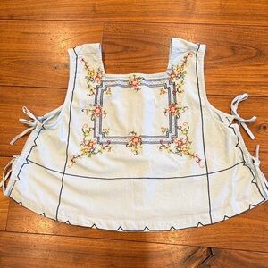 Free People Light Blue Garden Wall Embroidered Floral Top, ties on side, med.